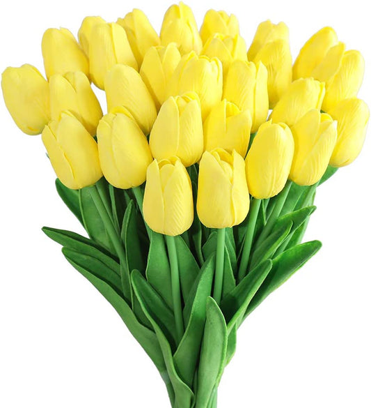 Kisflower 30Pcs Tulips Real Touch Yellow Artificial Flowers Fake Tulips Arrangement Bouquet for Home Office Wedding Decor (Yellow)