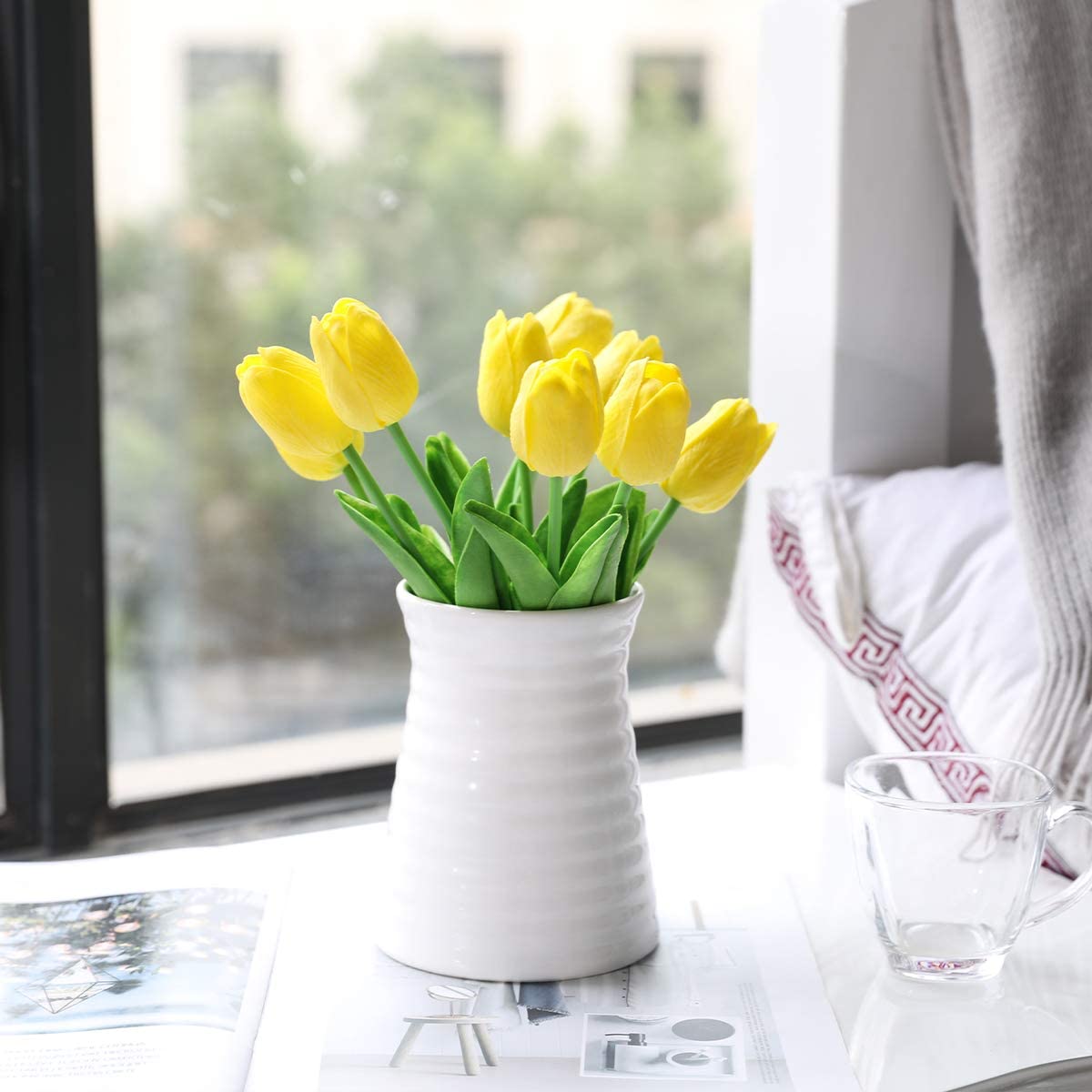 Kisflower 30Pcs Tulips Real Touch Yellow Artificial Flowers Fake Tulips Arrangement Bouquet for Home Office Wedding Decor (Yellow)